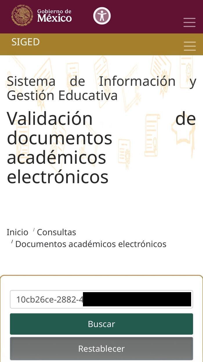 Portal SIGED de la SEP con el folio del certificado cargado automáticamente